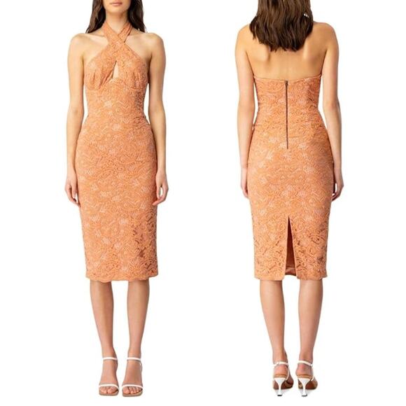 Bardot Dress Womens US 12 Nude Peach Riviera Corset Halter Lace Mini Cocktail - Picture 1 of 13
